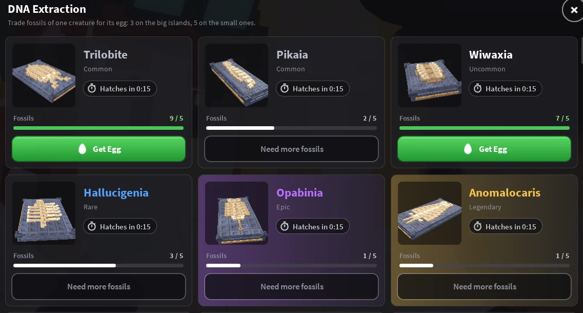 DNA Extraction interface showing fossil requirements